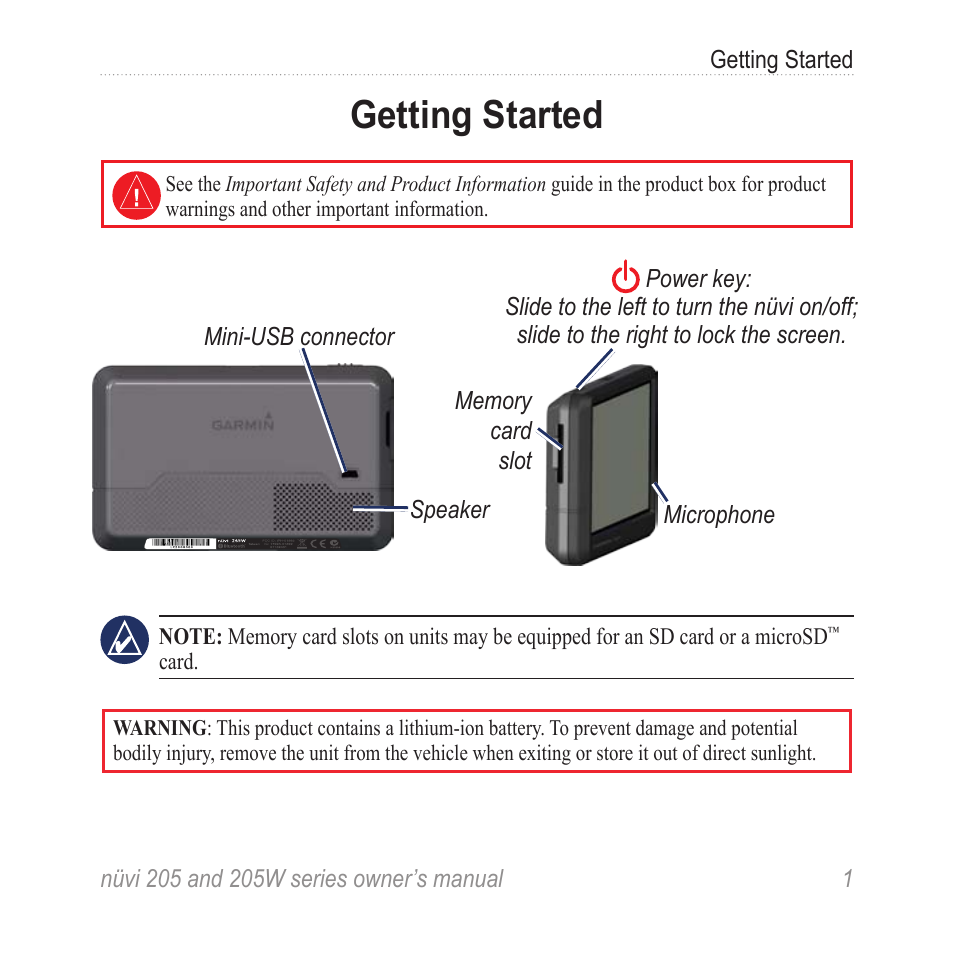 Getting started | Garmin Nuvi 265W User Manual | Page 7 / 64
