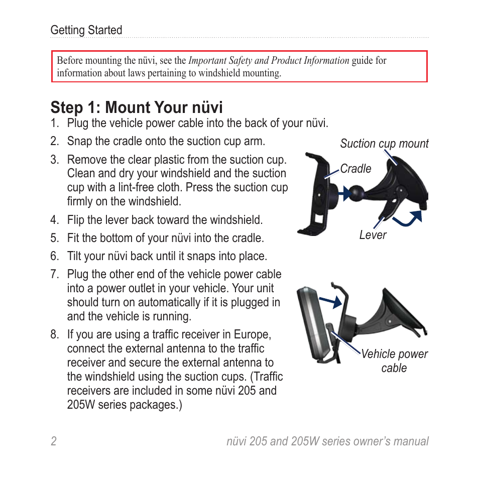 Step 1: mount your nüvi | Garmin Nuvi 265W User Manual | Page 8 / 64