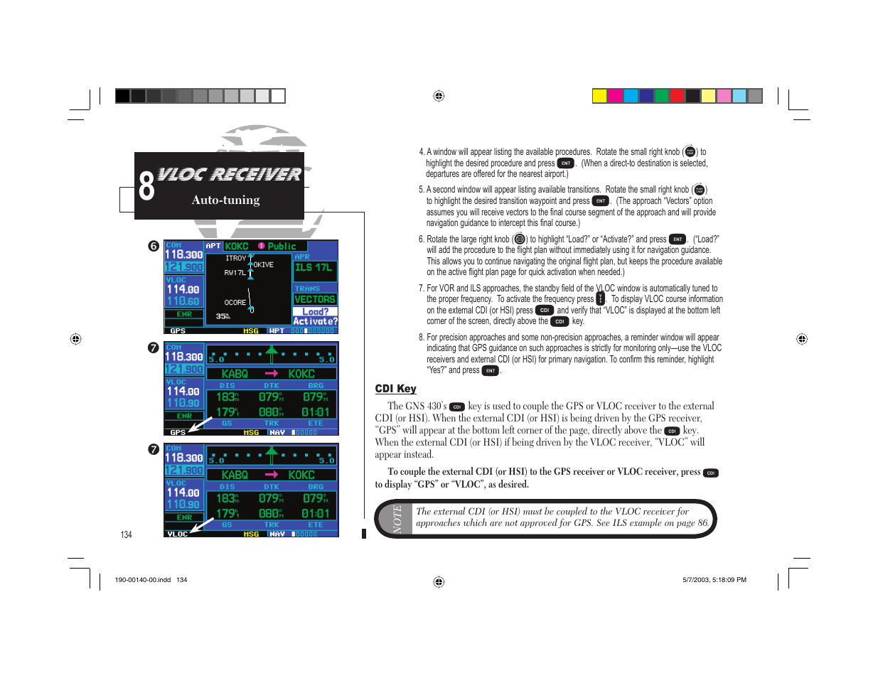 Vloc receiver, Ts t | Garmin GNS 430 User Manual | Page 142 / 204
