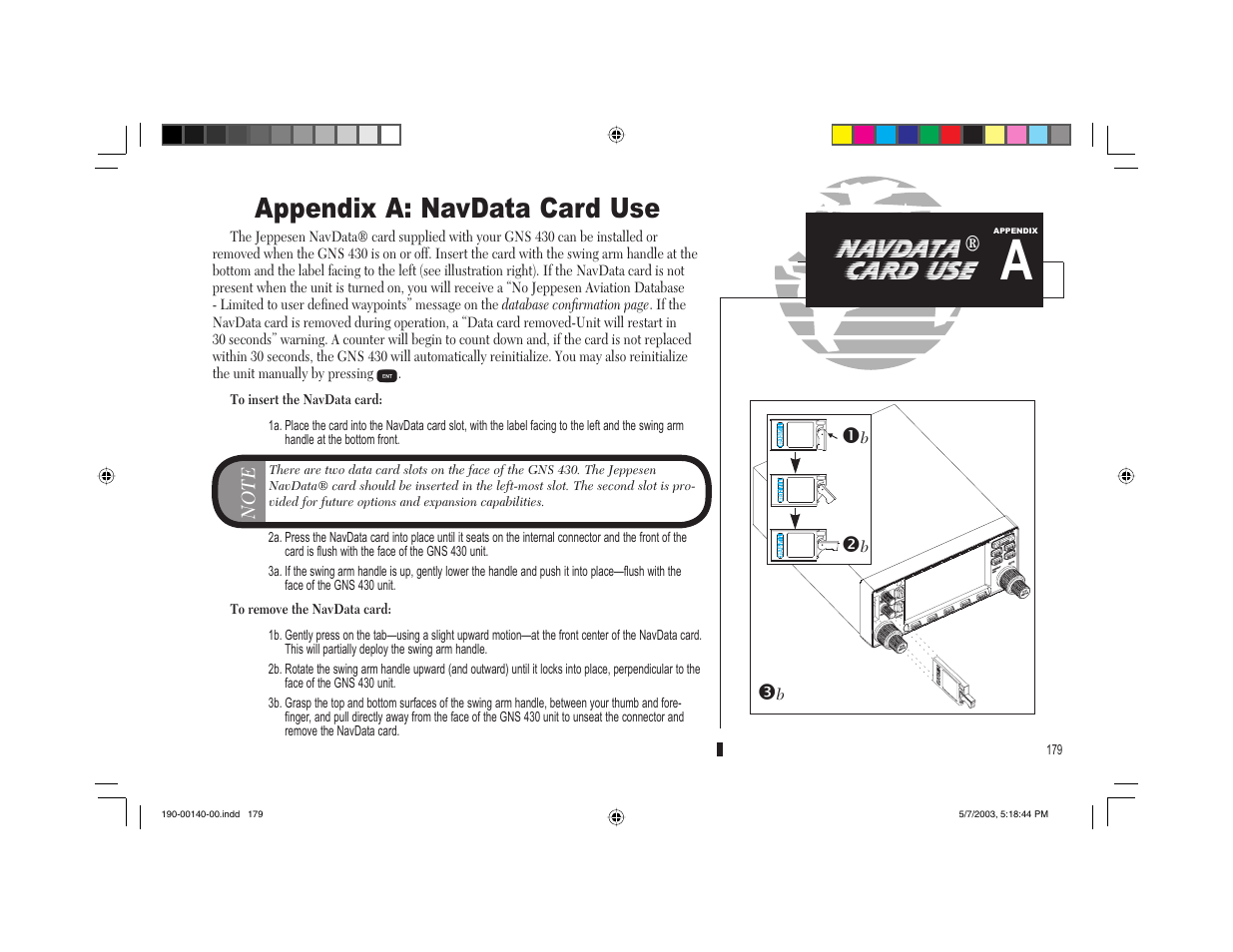 Appendix a: navdata card use, Navdata, Card use | Garmin GNS 430 User Manual | Page 187 / 204