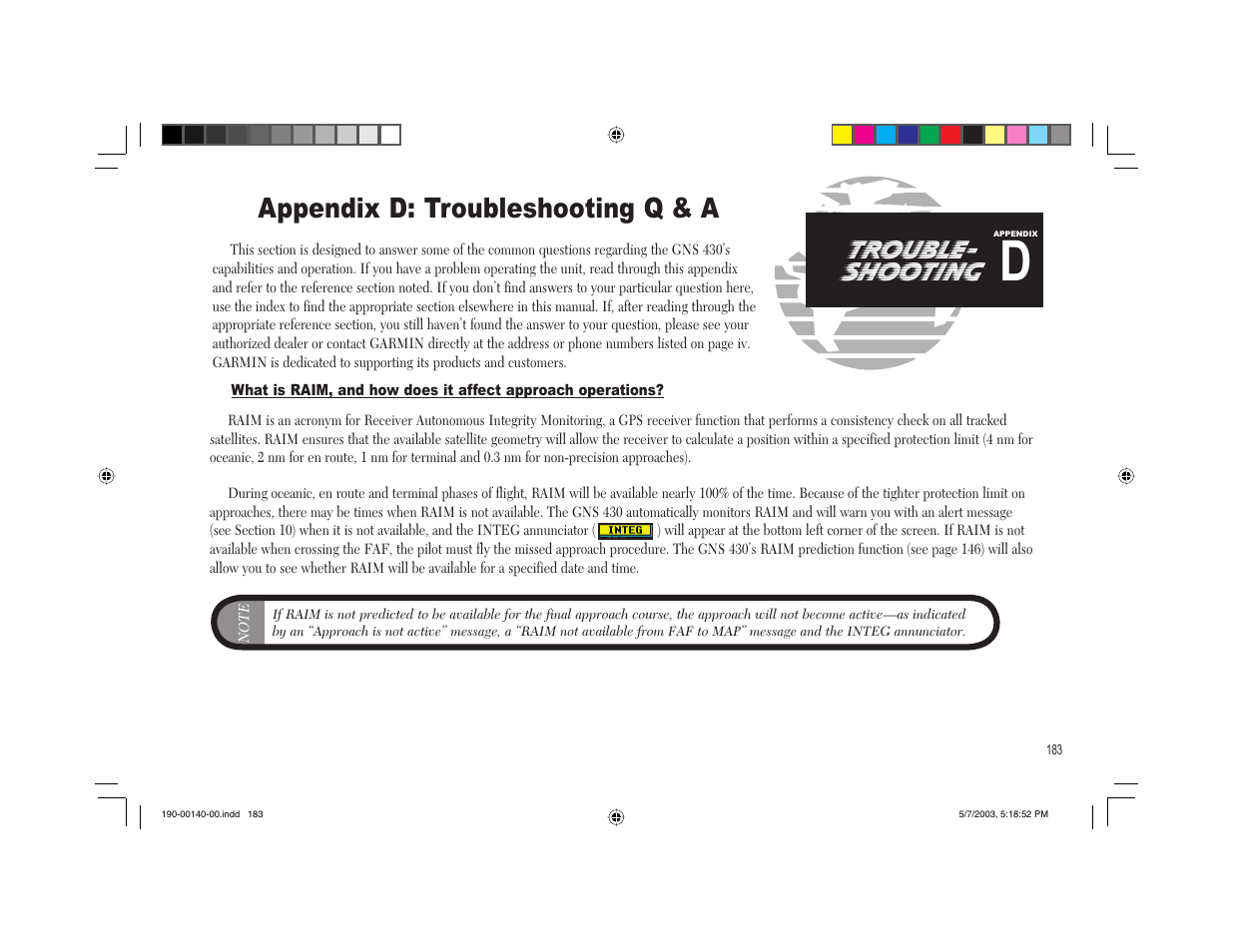 Appendix d: troubleshooting q & a, Trouble- shooting | Garmin GNS 430 User Manual | Page 191 / 204