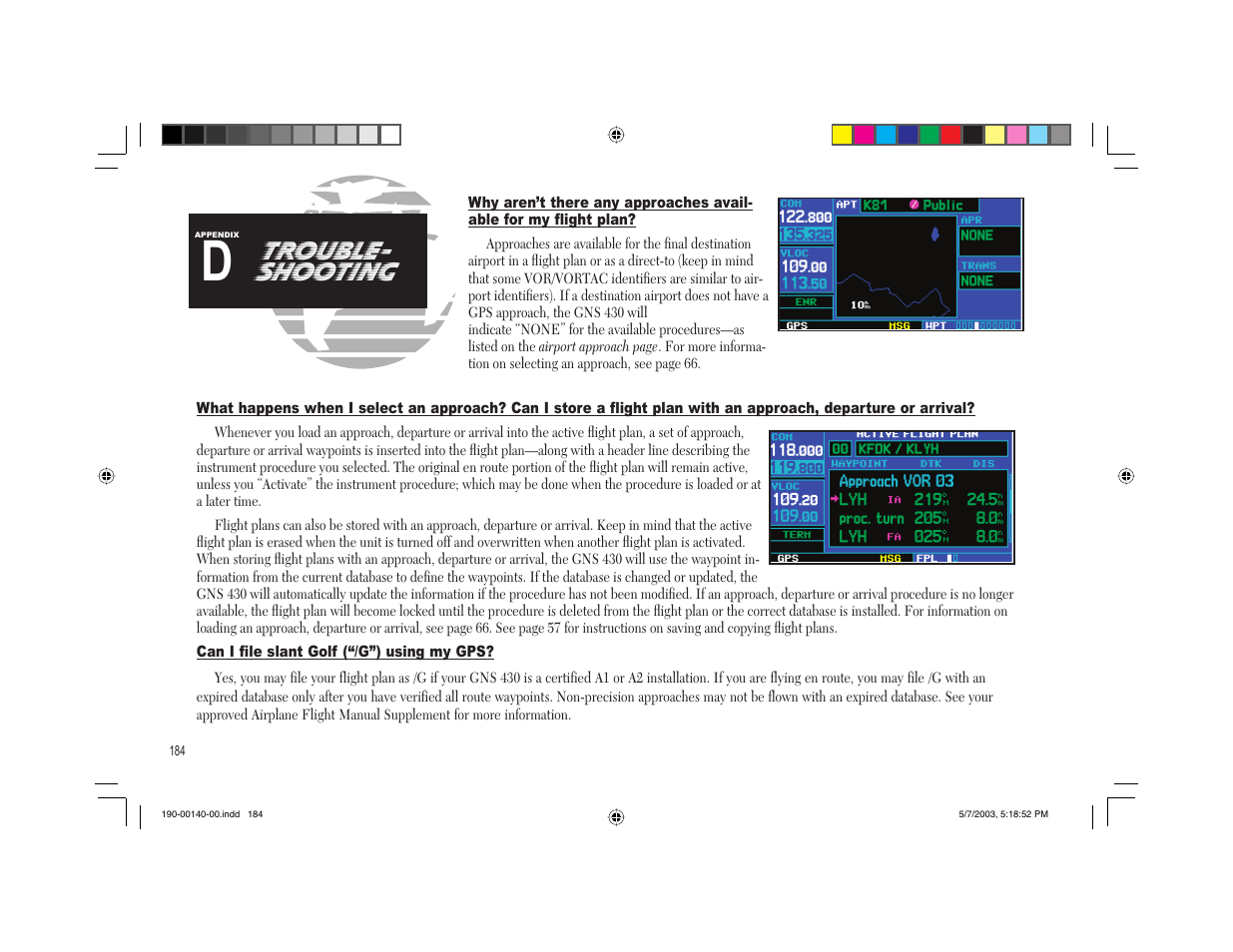 Trouble- shooting | Garmin GNS 430 User Manual | Page 192 / 204