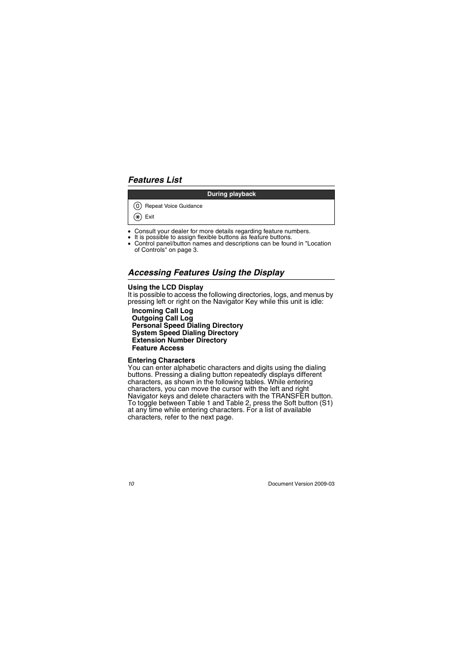 Features list, Accessing features using the display | Panasonic kx-dt343 User Manual | Page 10 / 24