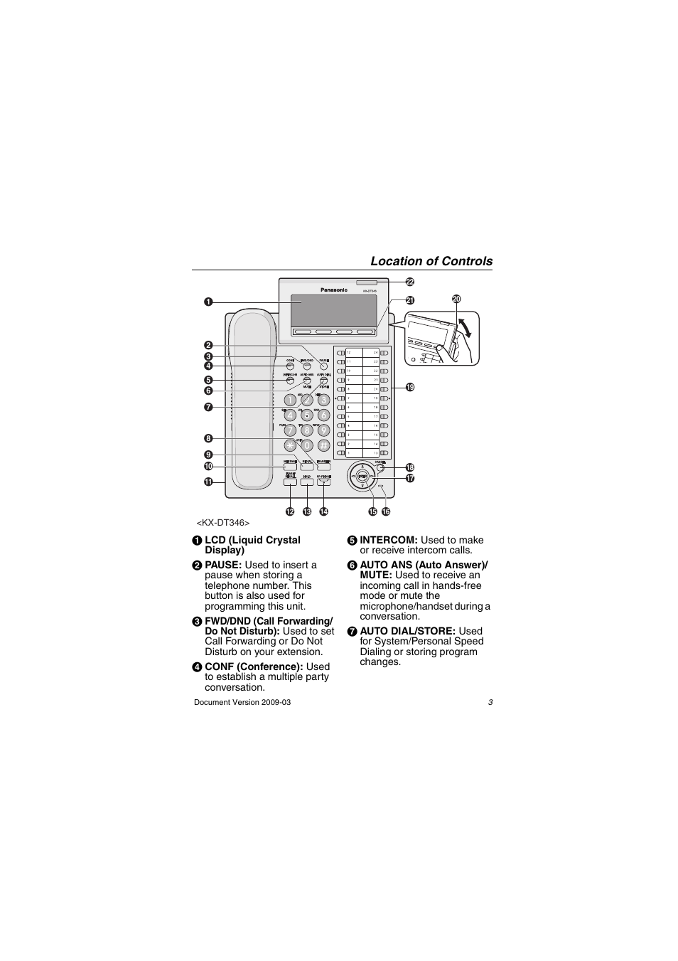 Location of controls | Panasonic kx-dt343 User Manual | Page 3 / 24