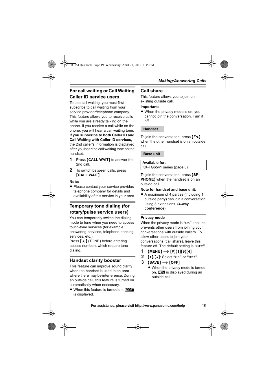 Panasonic KX-TG6511 User Manual | Page 19 / 64
