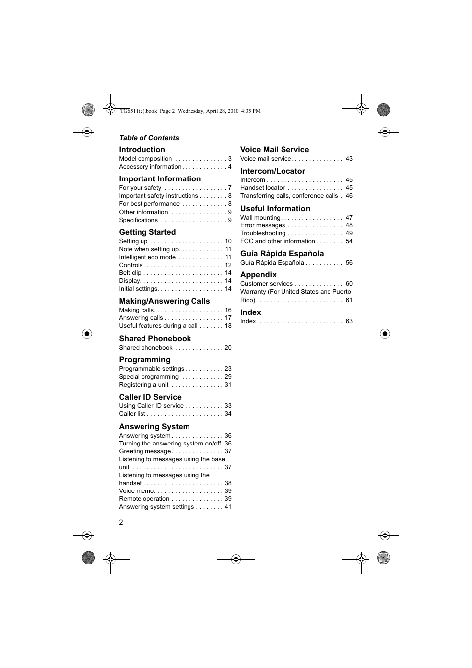 Panasonic KX-TG6511 User Manual | Page 2 / 64