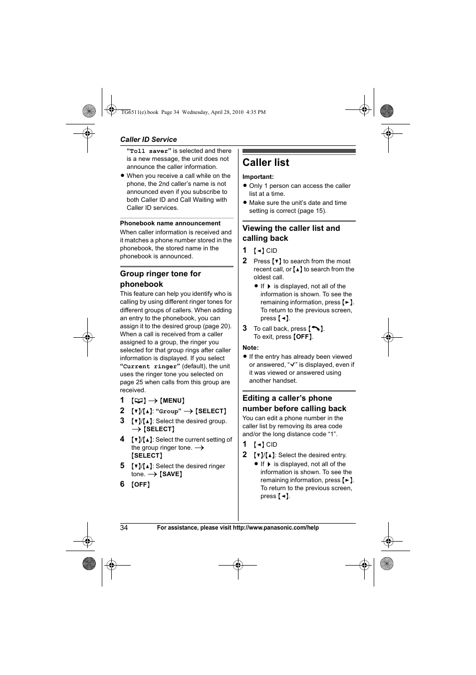 Caller list | Panasonic KX-TG6511 User Manual | Page 34 / 64