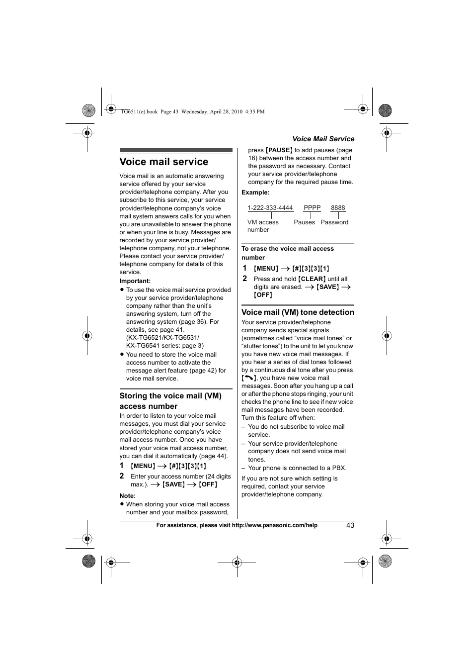 Voice mail service | Panasonic KX-TG6511 User Manual | Page 43 / 64