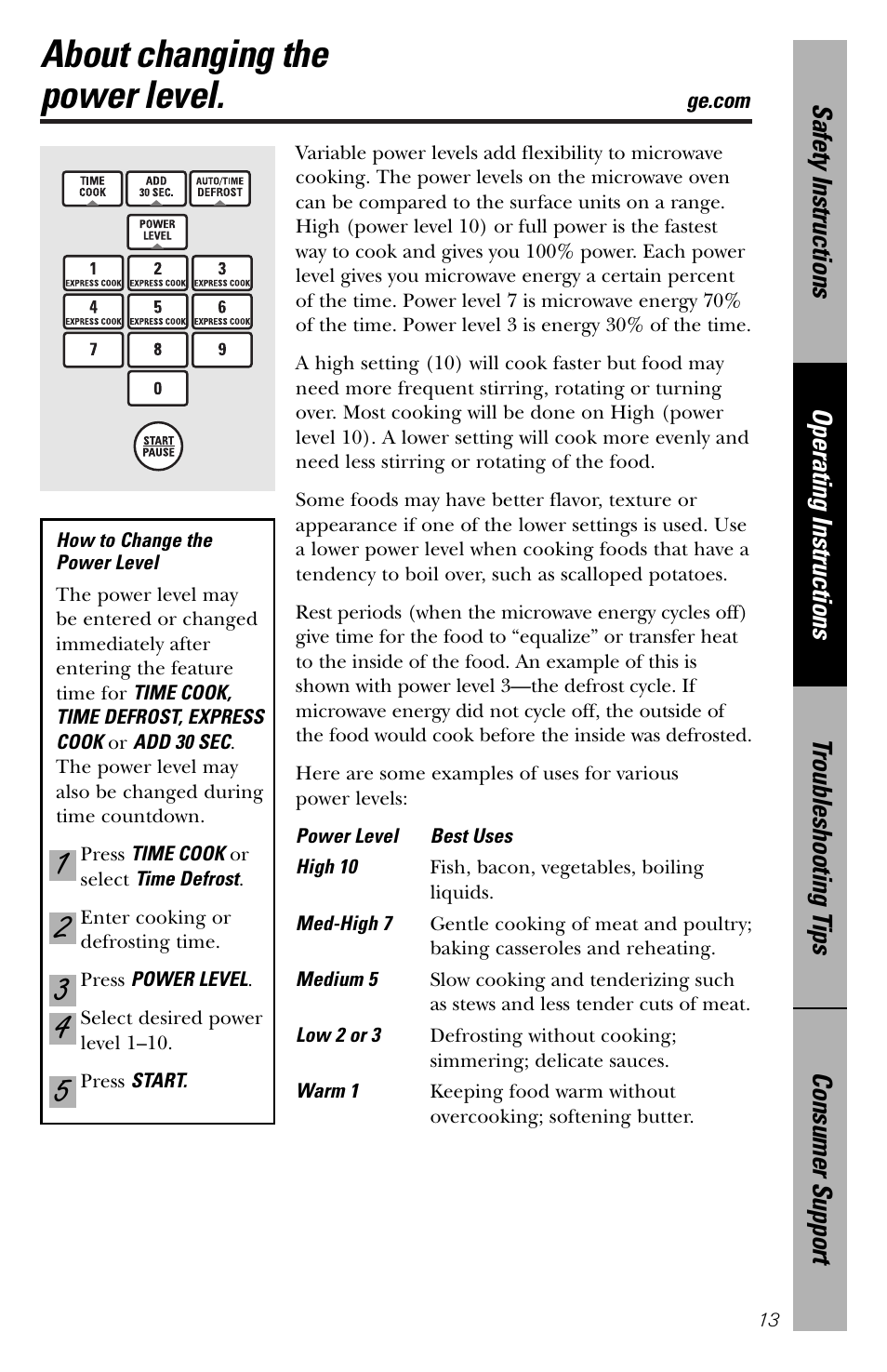 Changing the power level, About changing the power level | GE spacemaker xl1800 User Manual | Page 13 / 88