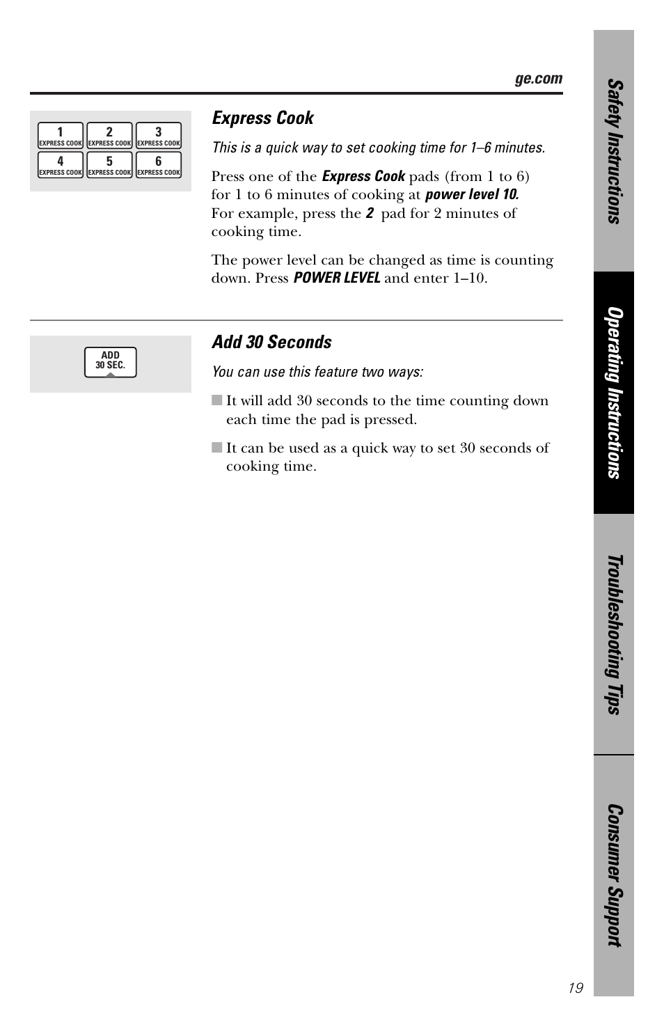 Express cook, Add 30 seconds | GE spacemaker xl1800 User Manual | Page 19 / 88