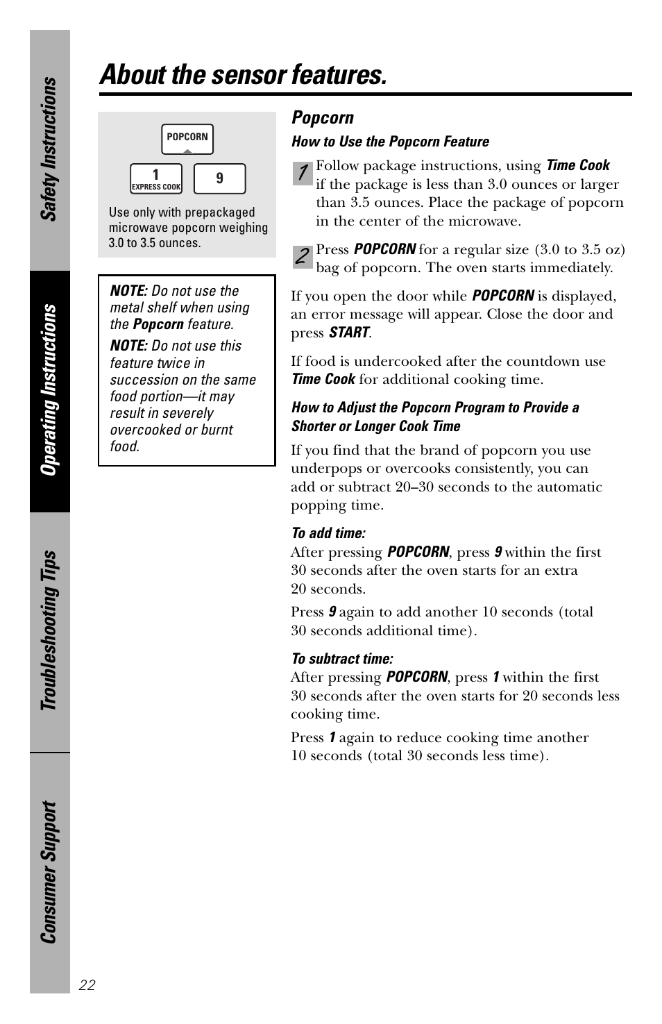About the sensor features | GE spacemaker xl1800 User Manual | Page 22 / 88