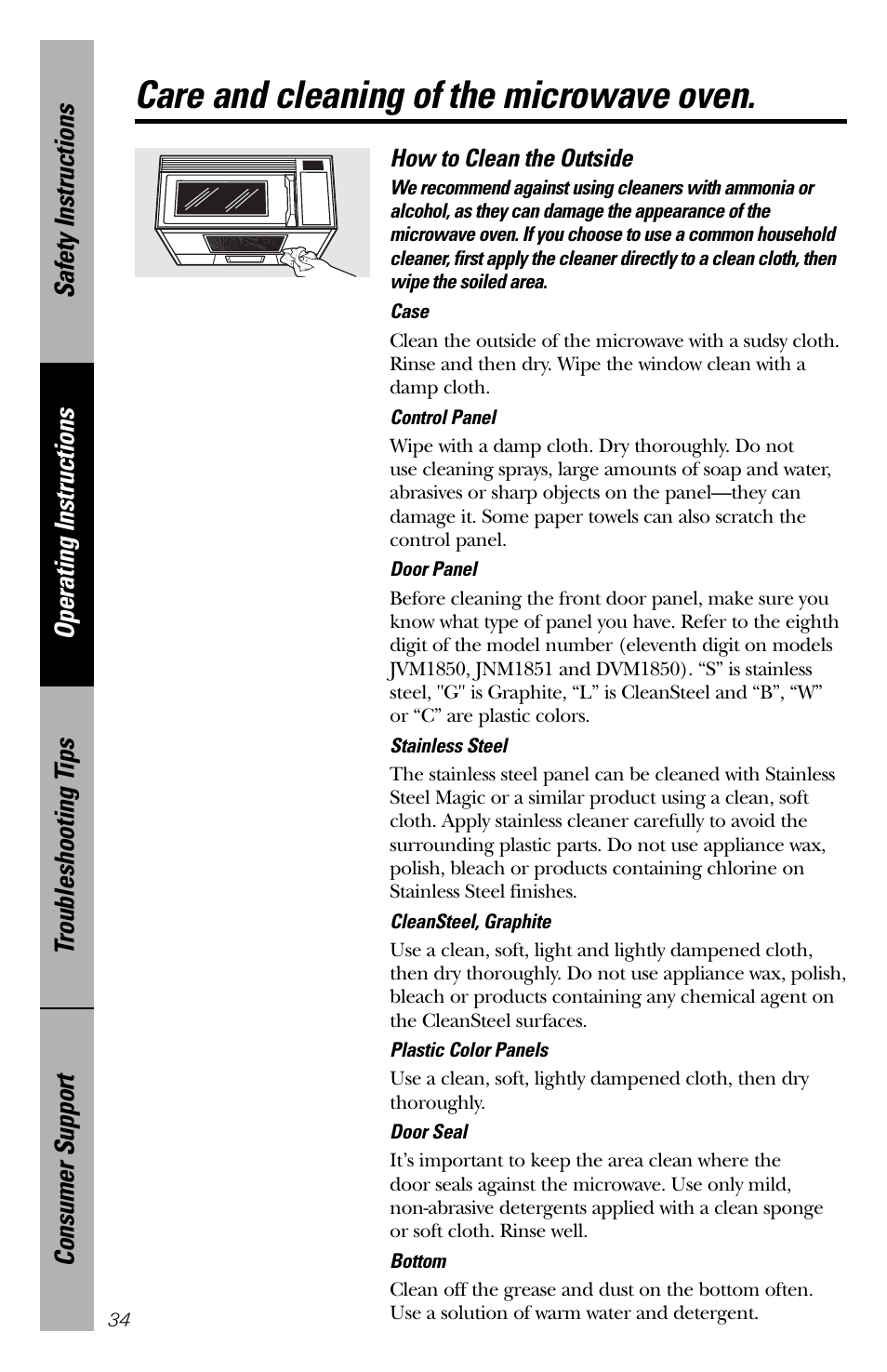 Care and cleaning of the microwave oven | GE spacemaker xl1800 User Manual | Page 34 / 88