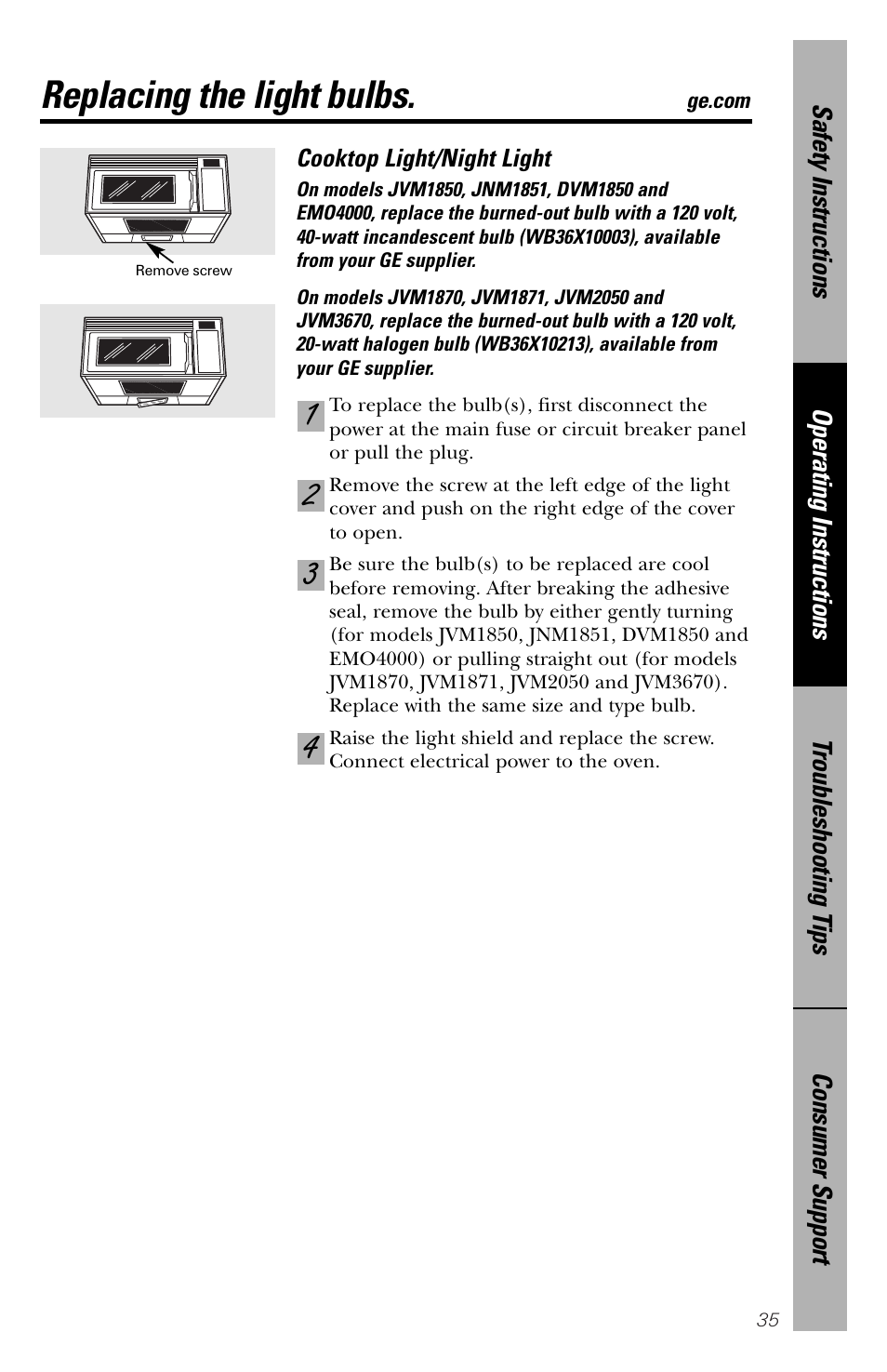 Replacing bulbs, Replacing bulbs , 36, Replacing the light bulbs | GE spacemaker xl1800 User Manual | Page 35 / 88