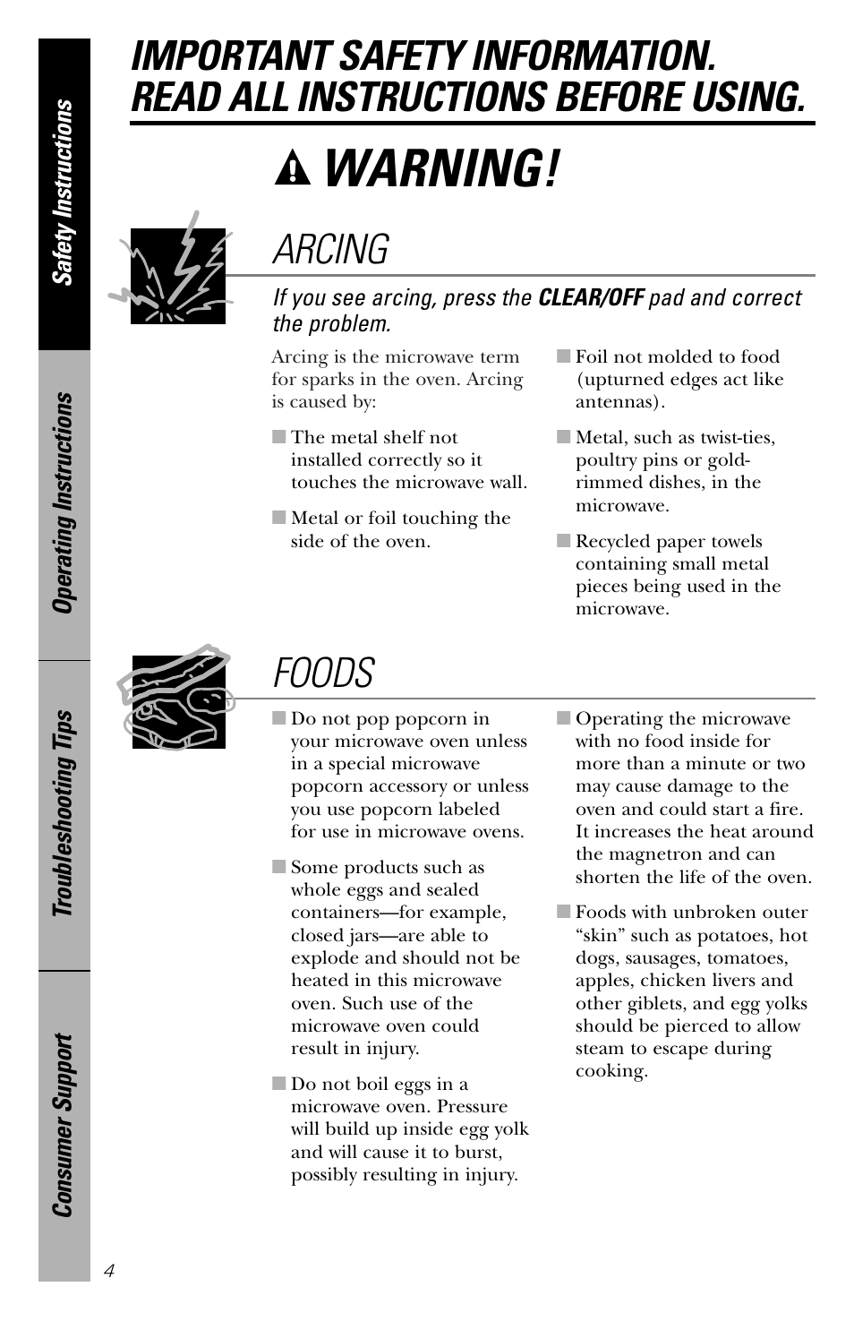Warning, Foods, Arcing | GE spacemaker xl1800 User Manual | Page 4 / 88
