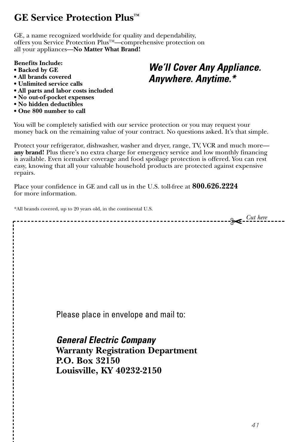 Product registration, Product registration , 42, Ge service protection plus | We’ll cover any appliance. anywhere. anytime, Please place in envelope and mail to | GE spacemaker xl1800 User Manual | Page 41 / 88