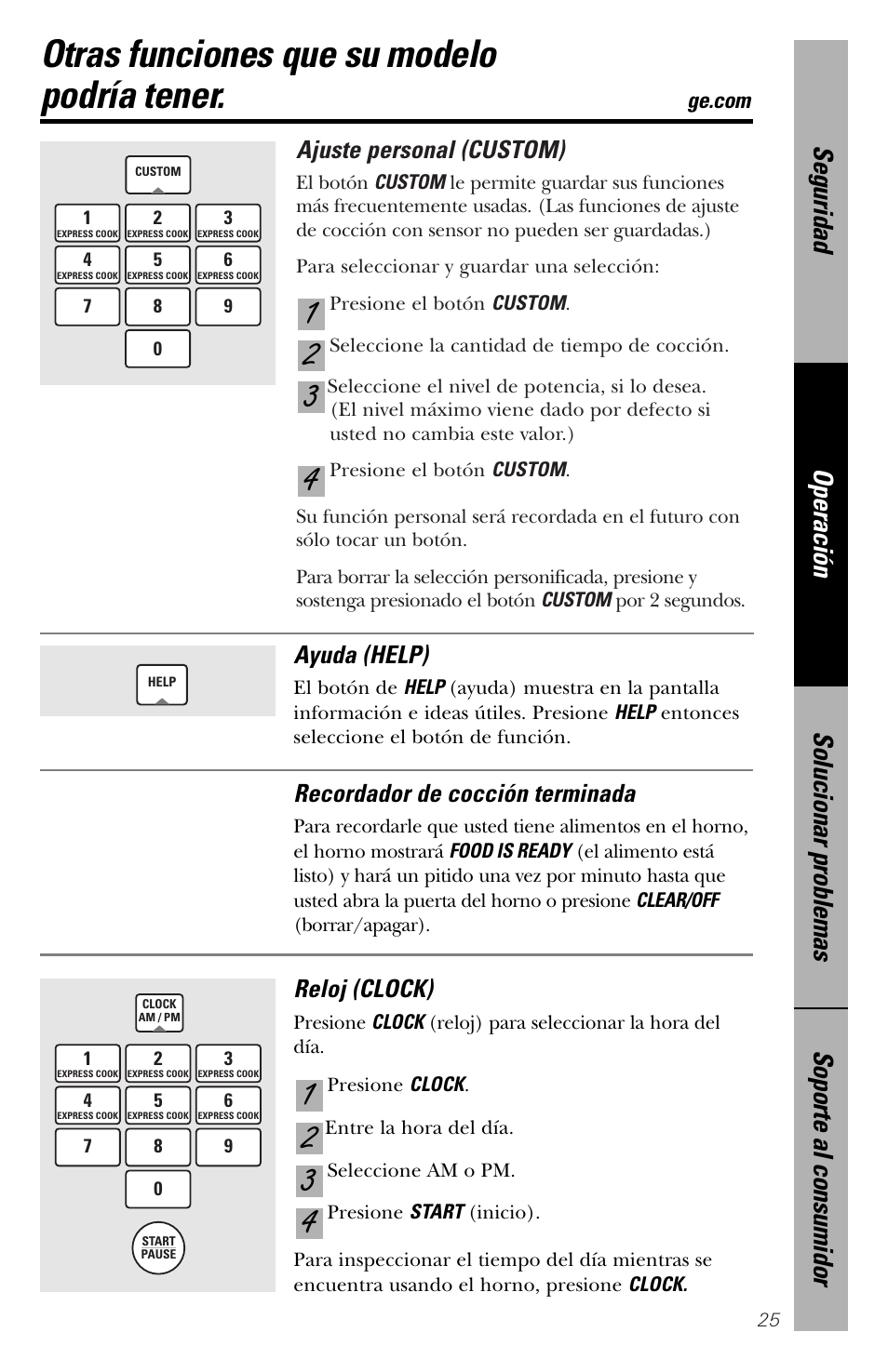 Otras funciones, Otras funciones –31, Otras funciones que su modelo podría tener | Ajuste personal (custom), Ayuda (help), Recordador de cocción terminada, Reloj (clock) | GE spacemaker xl1800 User Manual | Page 69 / 88