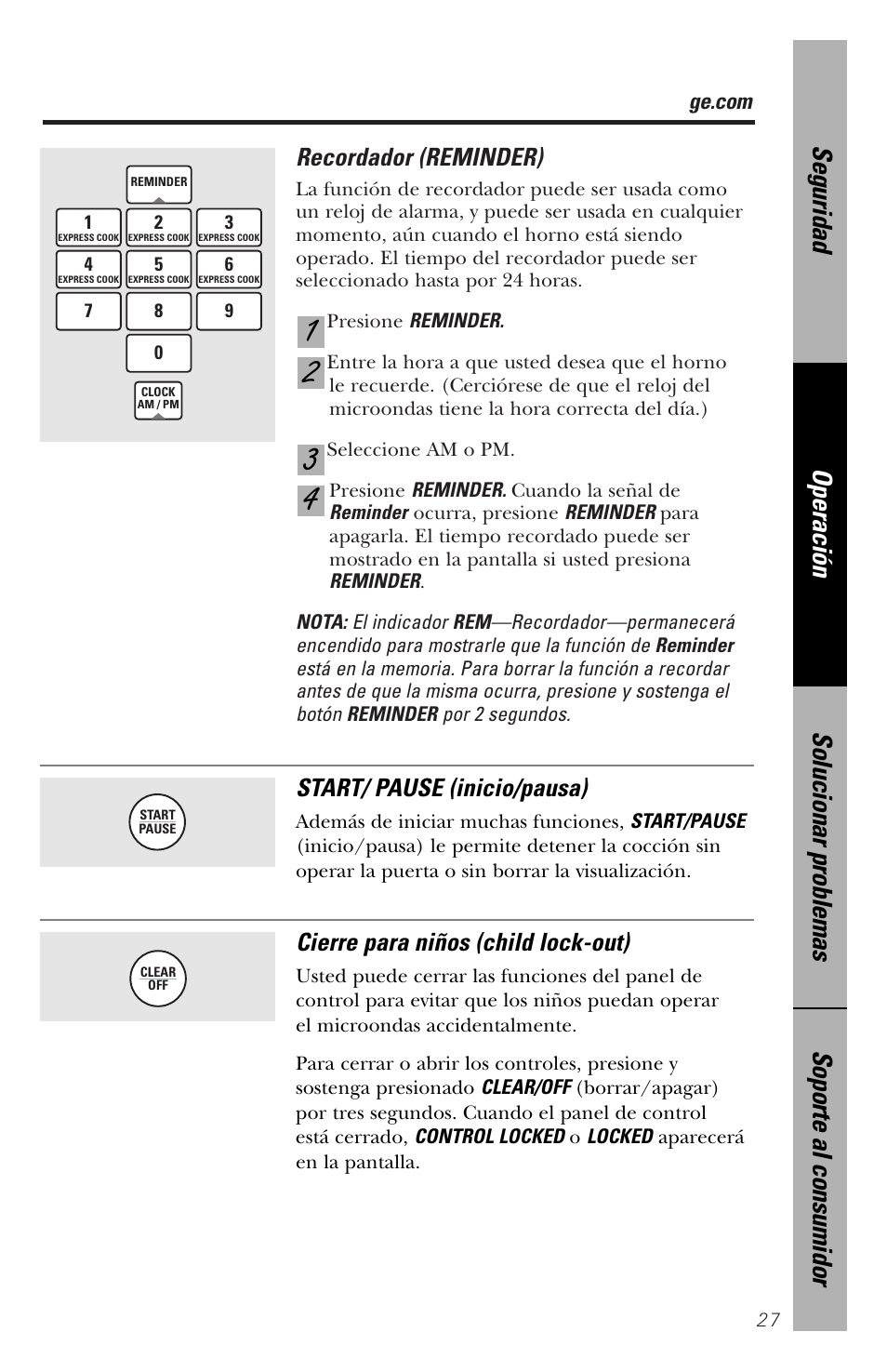 Recordador (reminder), Start/ pause (inicio/pausa), Cierre para niños (child lock-out) | GE spacemaker xl1800 User Manual | Page 71 / 88