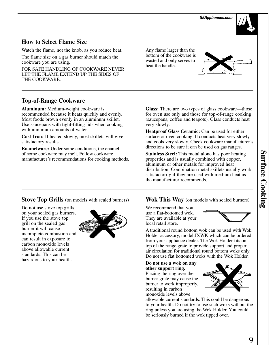 Surface cooking | GE xl44 User Manual | Page 9 / 48
