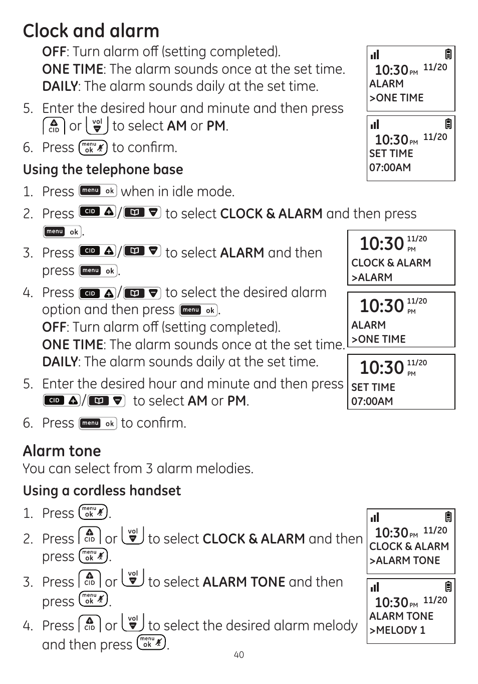 Clock and alarm, Alarm tone | GE dect 6.0 User Manual | Page 44 / 87