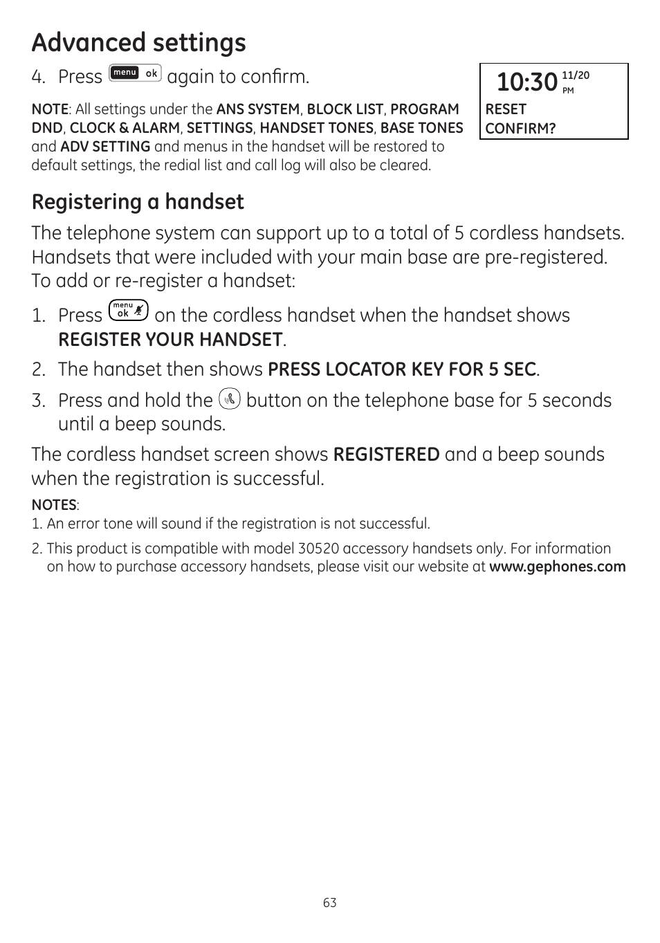 Advanced settings, Registering a handset | GE dect 6.0 User Manual | Page 67 / 87