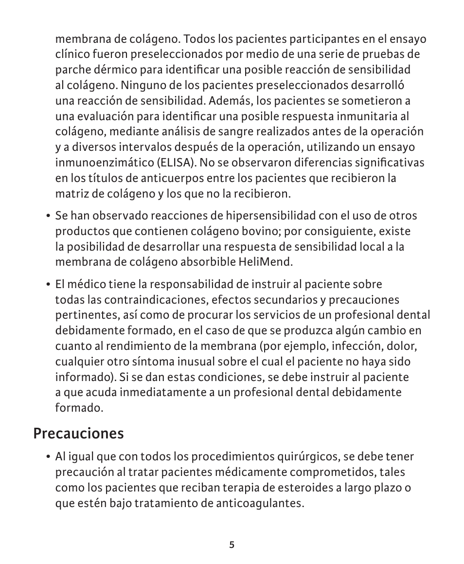 Precauciones | Integra LifeSciences Collagen Membrane, HeliMend  User Manual | Page 15 / 65