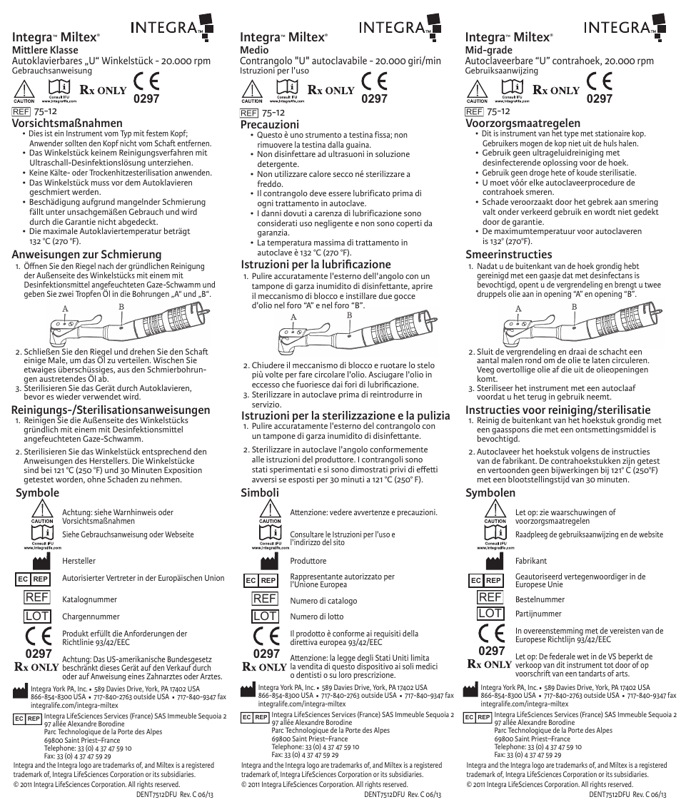 Integra, Miltex, Simboli | Symbole, Symbolen | Integra LifeSciences Contra Angle, U, 75-12 User Manual | Page 2 / 2