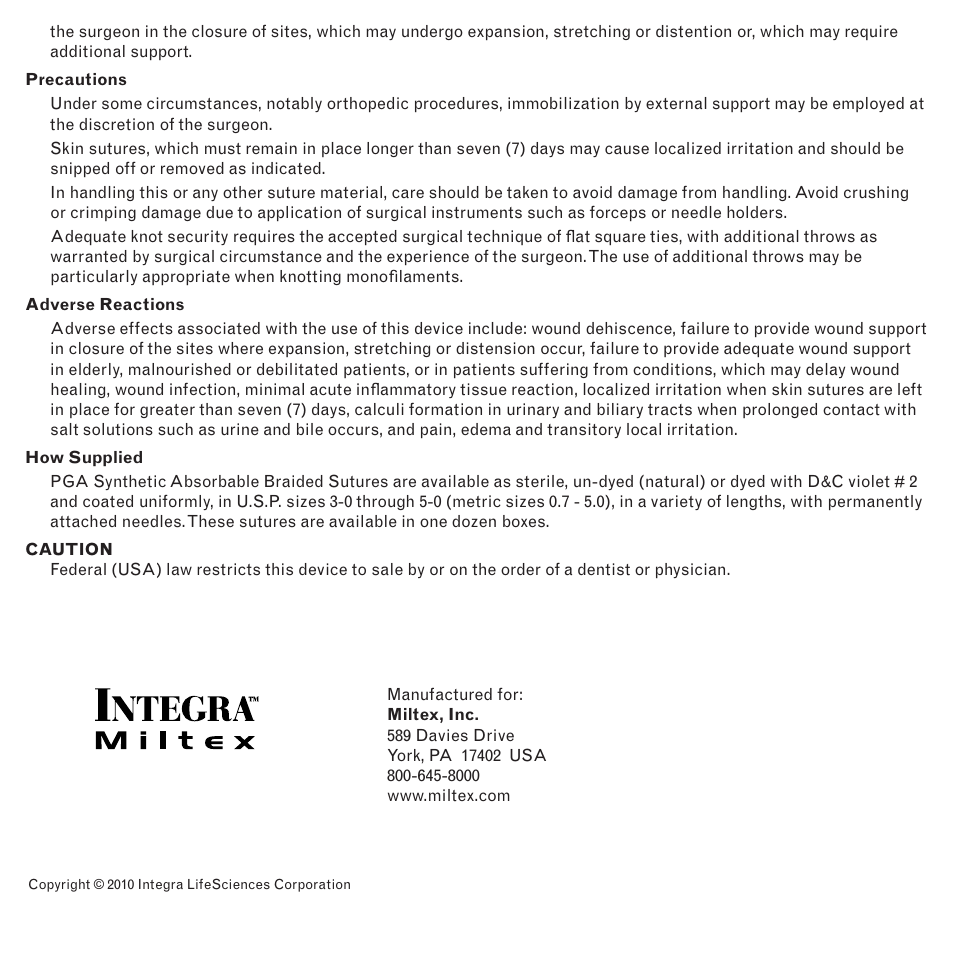 Integra LifeSciences Sutures, Coated, Braided Polygycolic Acid, Absorbable User Manual | Page 2 / 2