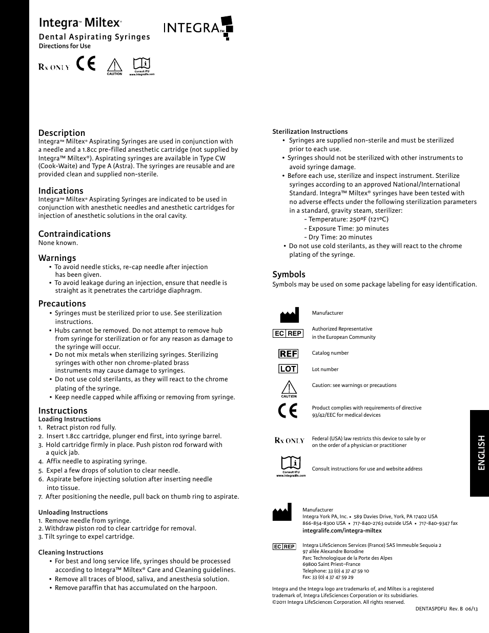 Integra LifeSciences Syringes, Dental Aspirating User Manual | 6 pages