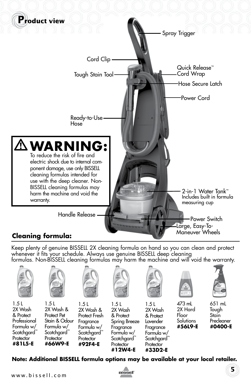 Warning, Roduct view 5, Cleaning formula | Bissell 34T2E User Manual | Page 5 / 20