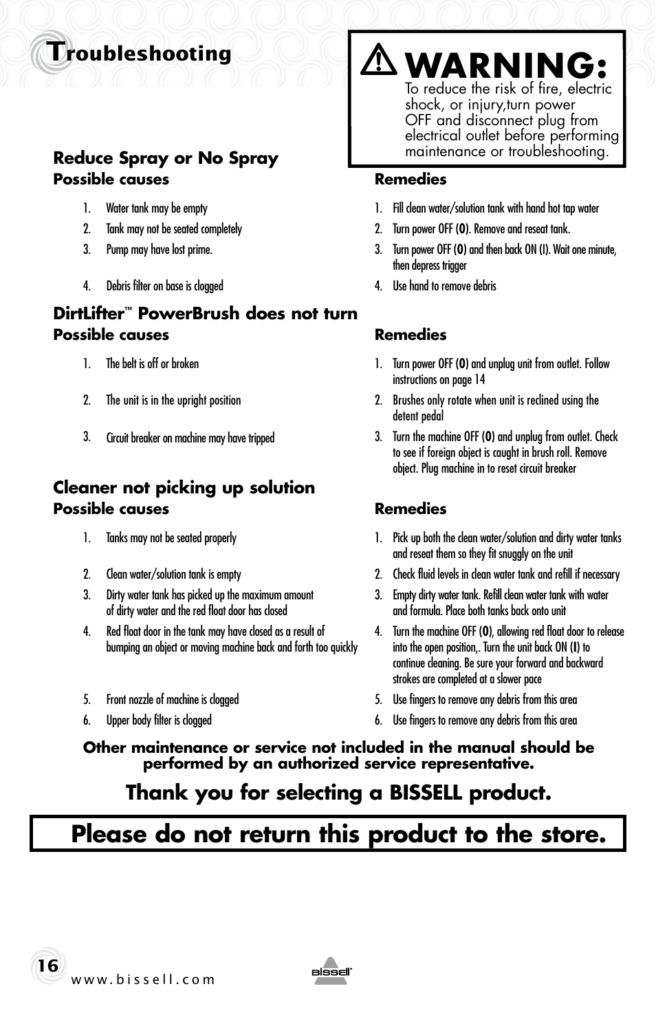 Warning, Please do not return this product to the store, Roubleshooting | Bissell 48F3ER User Manual | Page 16 / 20
