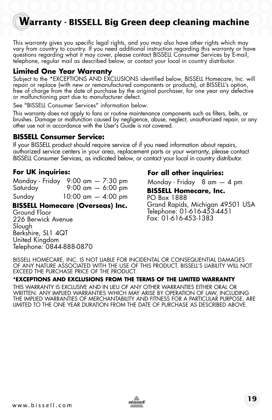 Arranty - bissell big green deep cleaning machine | Bissell 48F3ER User Manual | Page 19 / 20