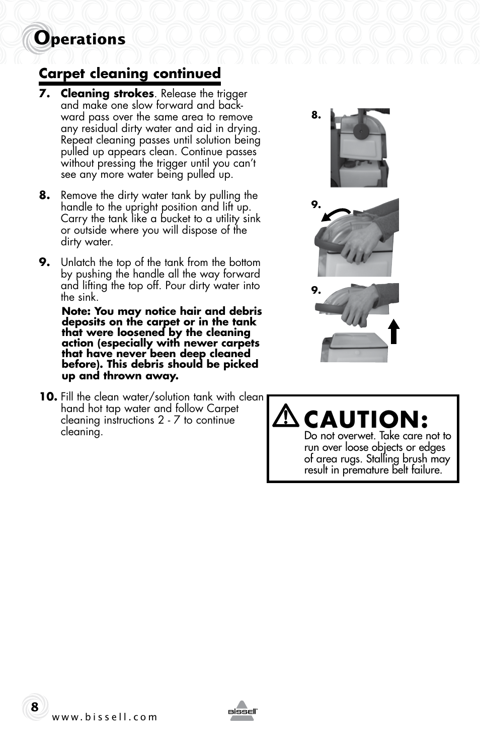 Caution, Perations, Carpet cleaning continued | Bissell 48F3ER User Manual | Page 8 / 20