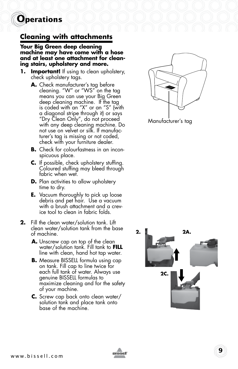 Perations, Cleaning with attachments | Bissell 48F3ER User Manual | Page 9 / 20