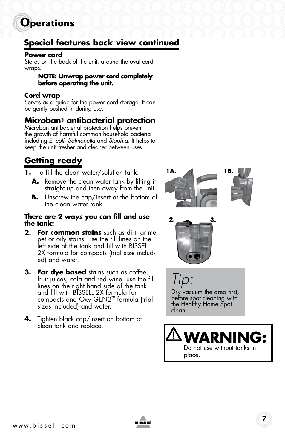 Warning, Perations, Microban | Antibacterial protection, Getting ready, Special features back view continued | Bissell 92T7 User Manual | Page 7 / 16