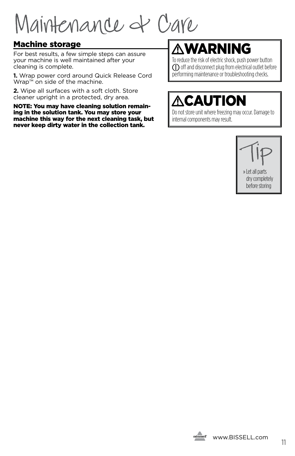 Maintenance & care, Warning, Caution | Bissell 93R4e User Manual | Page 11 / 16