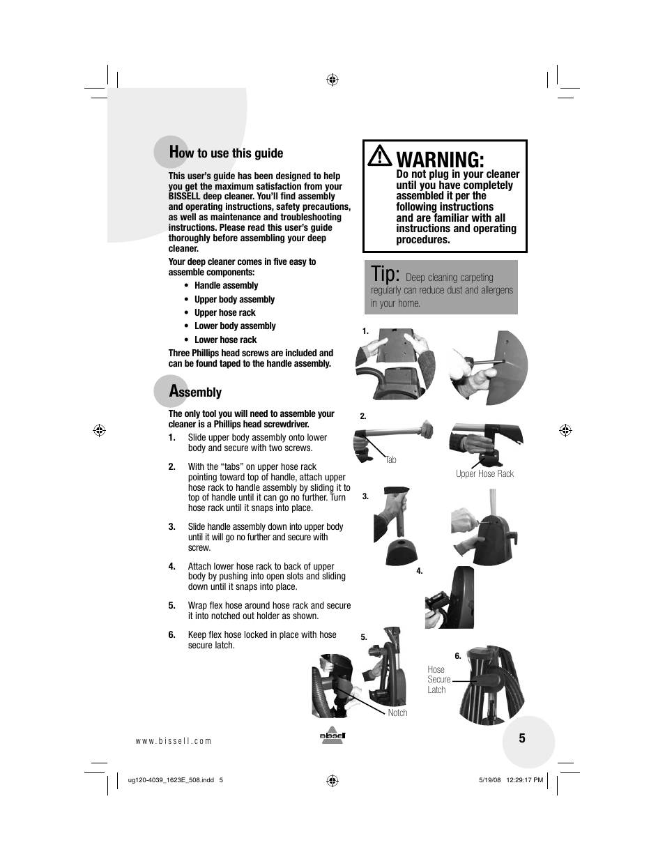 Warning | Bissell 1623E User Manual | Page 5 / 16