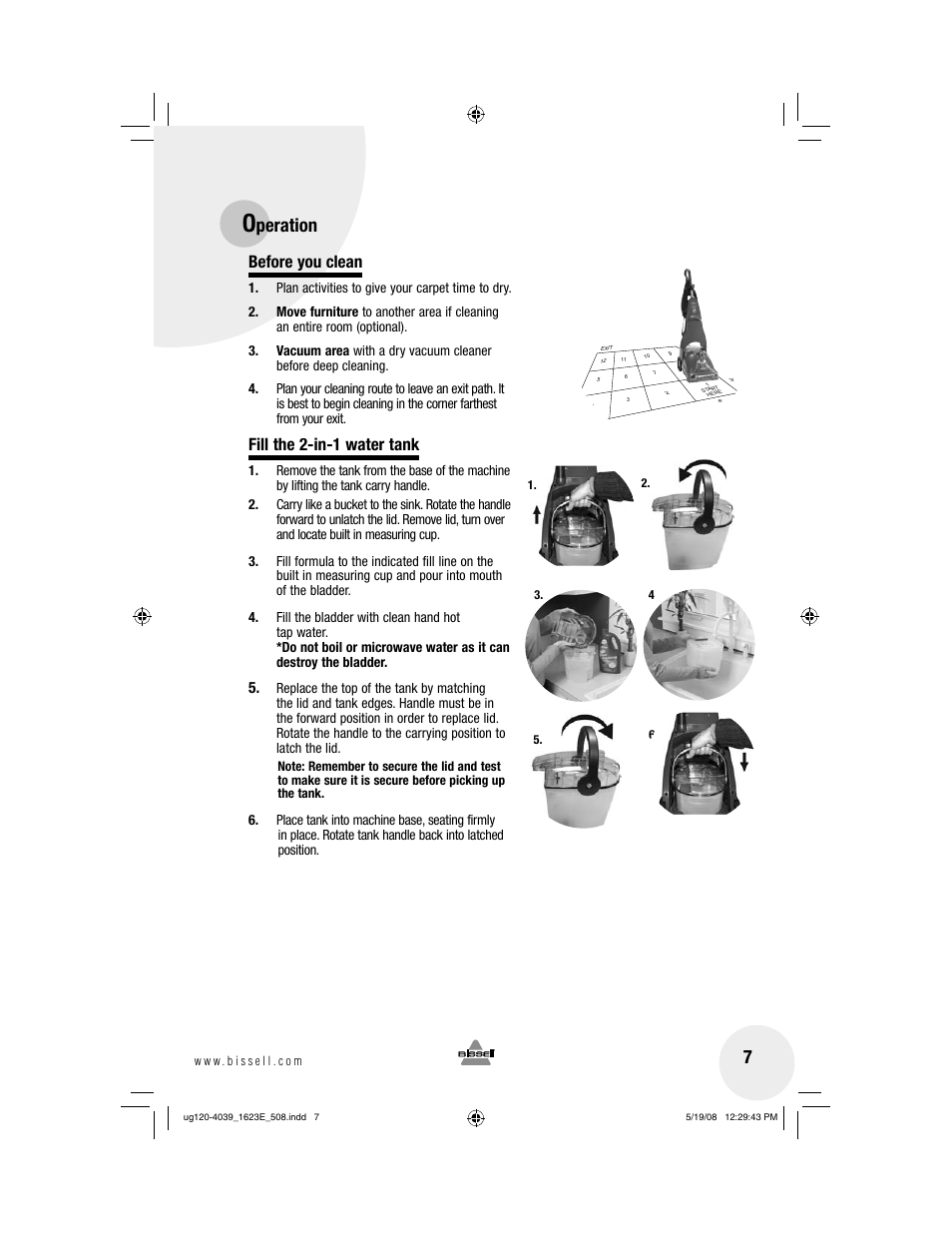 Peration, Before you clean, Fill the 2-in-1 water tank | Bissell 1623E User Manual | Page 7 / 16