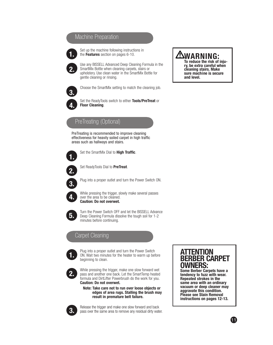 Warning, Attention berber carpet owners | Bissell 7901J User Manual | Page 11 / 20