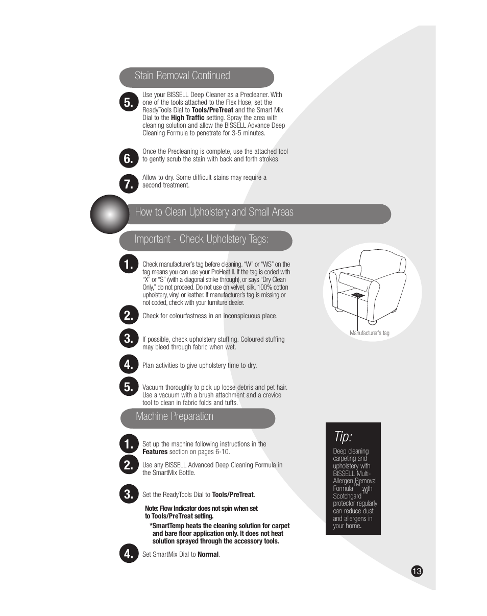 Important - check upholstery tags, Machine preparation | Bissell 7901J User Manual | Page 13 / 20