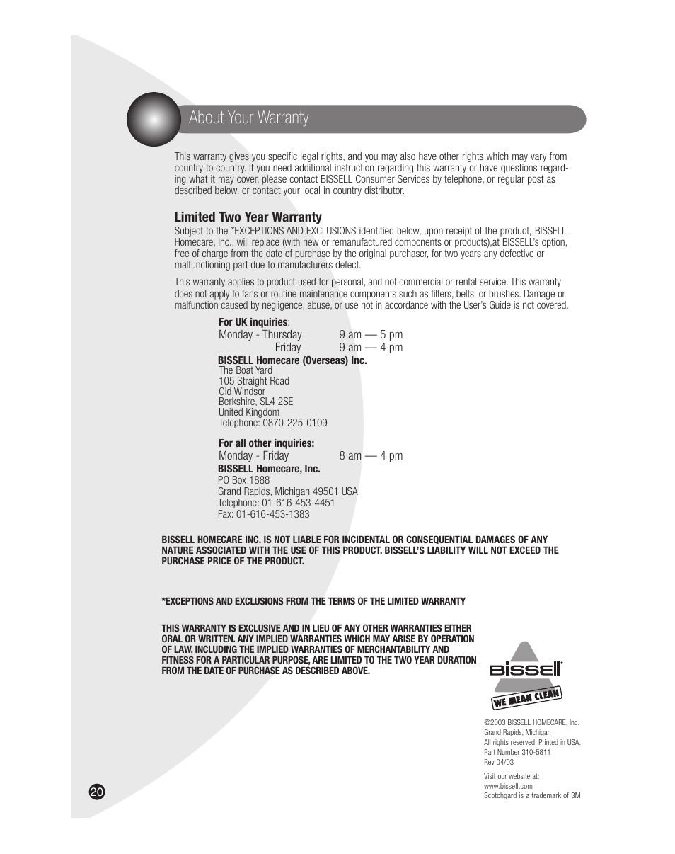About your warranty | Bissell 7901J User Manual | Page 20 / 20