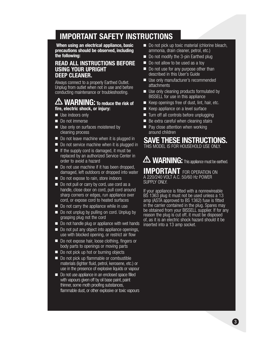 Important safety instructions, Save these instructions, Warning | Important | Bissell 7901J User Manual | Page 3 / 20