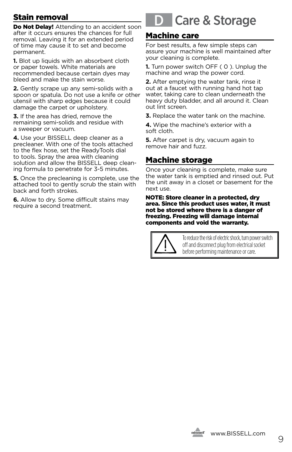 Care & storage, Stain removal, Machine care | Machine storage | Bissell 16972 User Manual | Page 9 / 12