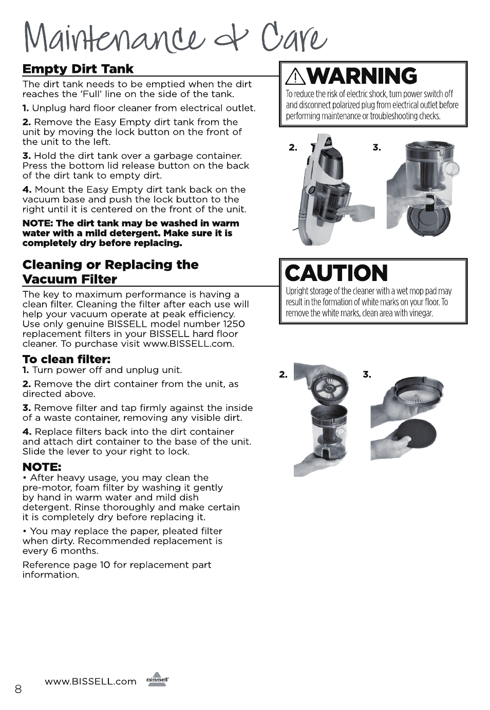 To clean filter, Note, Awarning | Caution, Empty dirt tank, Cleaning or replacing the vacuum filter | Bissell 11323 User Manual | Page 8 / 12