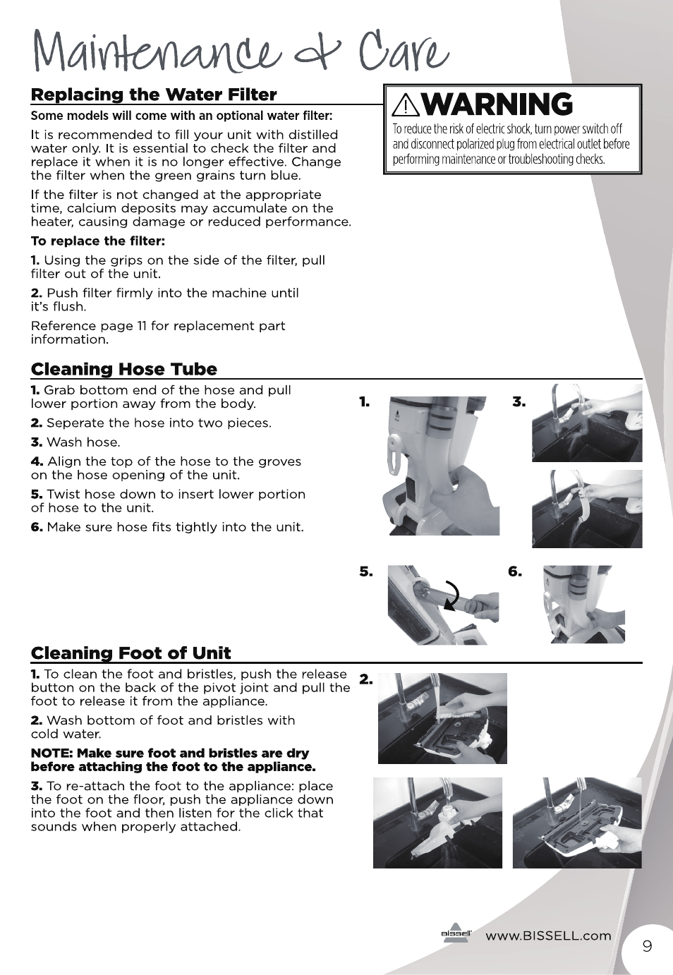 Awarning, Replacing the water filter, Cleaning hose tube | Cleaning foot off unit | Bissell 11323 User Manual | Page 9 / 12