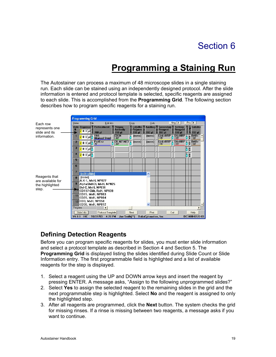 Programming a staining run, Defining detection reagents | Dako Autostainer User Manual | Page 27 / 53