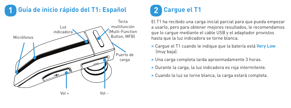 Guía de inicio rápido del t1: español, Cargue el t1 | BlueAnt T1 User Manual | Page 12 / 24