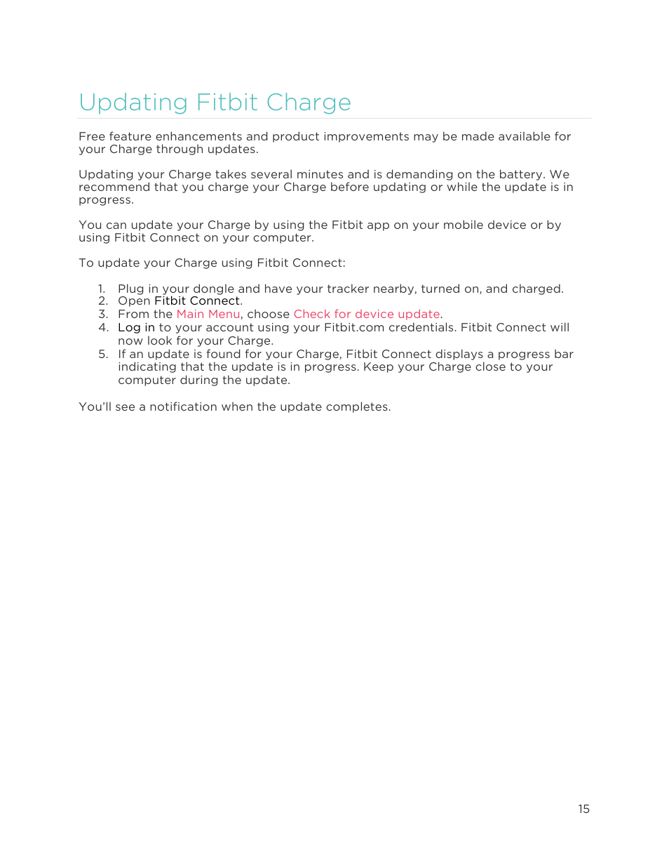 U p d a t i n g f i t b i t c h a r g e 5, Updating fitbit charge | Fitbit Charge User Manual | Page 19 / 30