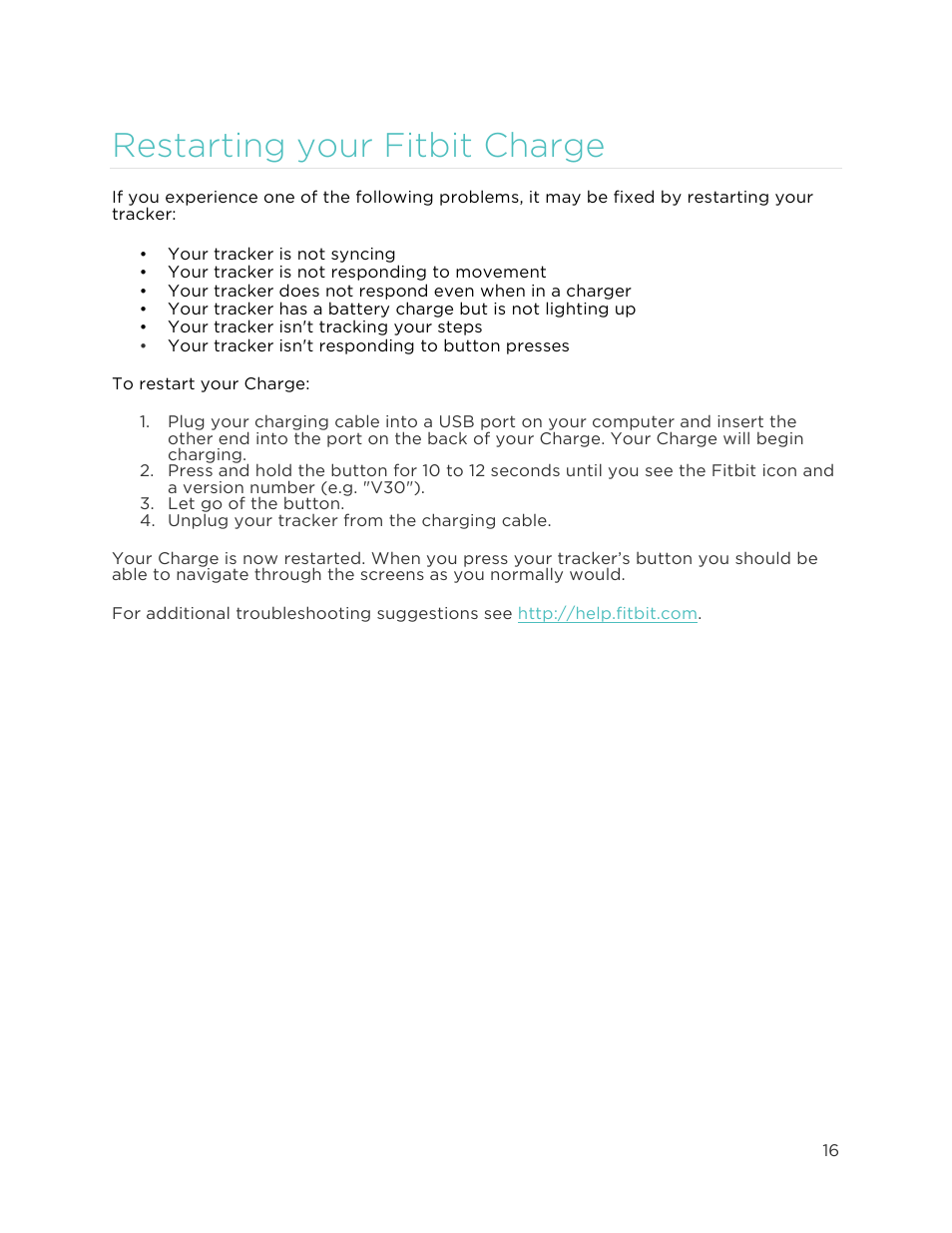 R e s t a r t in g y o u r f it b it c h a r g e 6, Restarting your fitbit charge | Fitbit Charge User Manual | Page 20 / 30