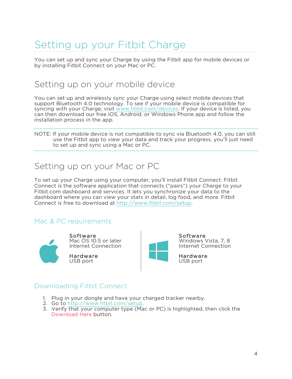 S e t t i n g u p y o u r f i t b i t c h a r g e, Setting up your fitbit charge, Setting up on your mobile device | Setting up on your mac or pc | Fitbit Charge User Manual | Page 8 / 30