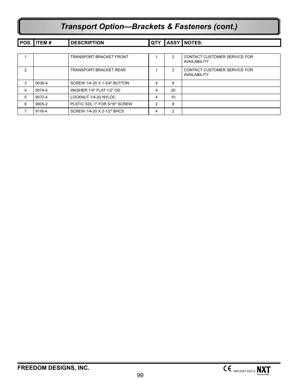 Transport option—brackets & fasteners (cont.), Freedom designs, inc. 99 | Freedom Designs Freedom NXT User Manual | Page 108 / 182